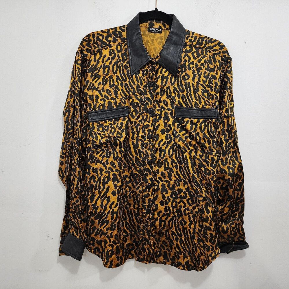 Vintage Braefair Silk Leopard Print Blouse Leather Trim Long Sleeves Womens M